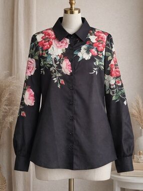 Black Floral Button Front Blouse Top Long Sleeve Size M NWOT